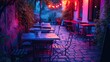 This image captures a moody and inviting outdoor patio at twilight, which is adorned with red and blue lighting that casts a cozy glow over the wooden tables and metal chairs. The patio's cobblestone 