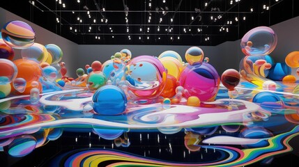 Sticker - AI generated illustration of colorful bubbles on the floor of a modern art museum