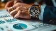 Close-up of a businessman's hands with a luxury watch, examining detailed financial analysis charts and graphs.