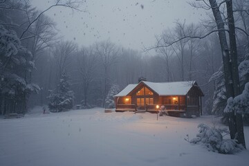 Poster - Idyllic winter cabin ambiance, snowflakes descending softly, windows radiating warmth into the twilight