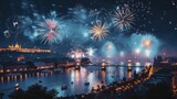 Fototapeta Miasta - Festive celebration with fireworks illuminating night sky over iconic city landmarks, crowd marveling in awe