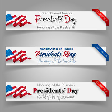 Set of web banners, background with handwriting texts and national flag colors for American President's Day, event celebration; Vector illustration