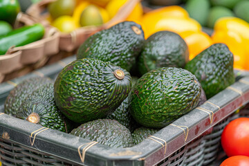 Organic green avocado in a box in farm market.