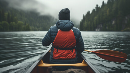  boat on the lake in the morning mist, Man canoeing on calm lake in moody and sulky weather, Peaceful morning scene: man canoeing on calm lake in moody weather