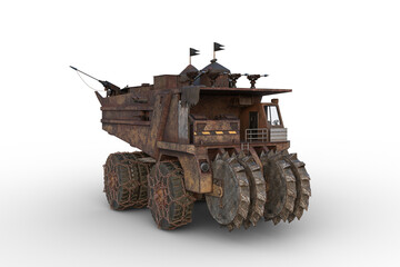 Poster - Large rusty fantasy post apocalyptic wasteland armored mining truck. Isolated 3D render.