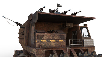 Poster - Armoured post apocalyptic fantasy wasteland vehicle with guns and spear launchers. Isolated 3D illustration.