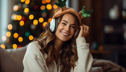 Canvas Print - Smiling woman enjoys Christmas, surrounded by lights and decorations generated by AI