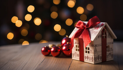 Canvas Print - Glowing Christmas lights illuminate the rustic wooden table decoration generated by AI