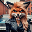 Evil vixen with black leather jacket looks angry and raises her clenched fist