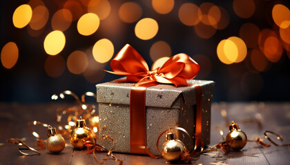 Sticker - Shiny gold decoration illuminates dark winter celebration, glowing gift box generated by AI