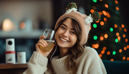 Canvas Print - Smiling women celebrate indoors, enjoying Christmas lights and drinks generated by AI