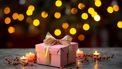 Sticker - Romantic candlelight illuminates the gift box on Christmas night generated by AI