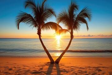 Poster - two palm trees standing on top of a sandy beach with ocean waves in the background