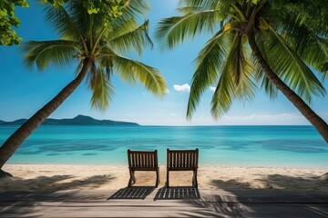 Poster - Two wooden chairs sitting atop a sandy beach, creating a space for relaxation and enjoying the coastal scenery.