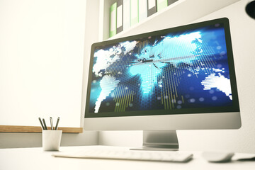 Poster - Abstract creative digital world map on modern laptop monitor, tourism and traveling concept. 3D Rendering