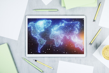 Poster - Top view of modern digital tablet display with abstract graphic world map, big data and networking concept. 3D Rendering