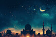 Starry Night Skyline with Crescent Moon Over Islamic Mosques for Ramadan