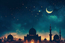Starry Night Skyline With Crescent Moon Over Islamic Mosques For Ramadan