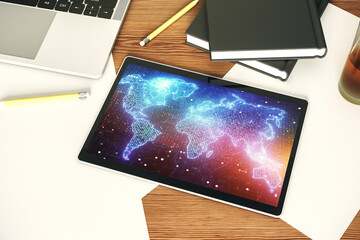 Poster - Top view of modern digital tablet monitor with abstract digital world map, research and strategy concept. 3D Rendering