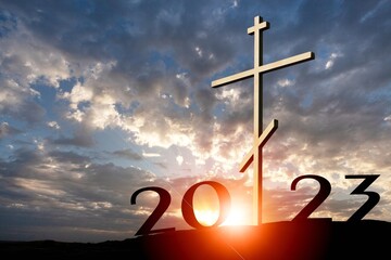 Wall Mural - New Year concept and 2023 numbers and cross