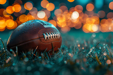 american football ball on the grass with blurred stadium lights in the background