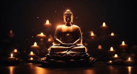 Wall Mural - Glowing buddha statue, Surreal light beam sacral illustration