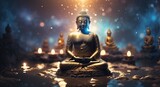 Glowing buddha statue, Surreal light beam sacral illustration