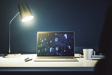 Poster - Modern computer monitor with creative abstract binary code hologram. Database and programming concept. 3D Rendering