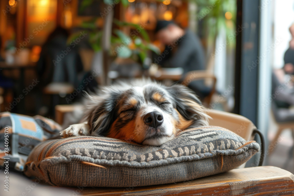 Cute Sheltie is sleeping on a cushion in a pet friendly cafe