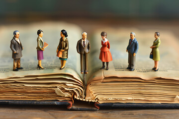 miniature business people on back of a book in the st