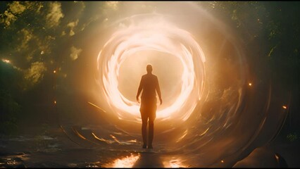 human soul moves in the abstract circle surrounded by light and energy portal. another world. afterl