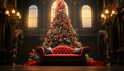 Poster - Cozy living room, illuminated Christmas tree, glowing decorations, festive celebration generated by AI