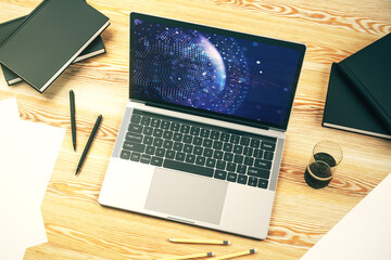 Poster - Abstract digital world map on modern computer monitor, big data and blockchain concept. 3D Rendering