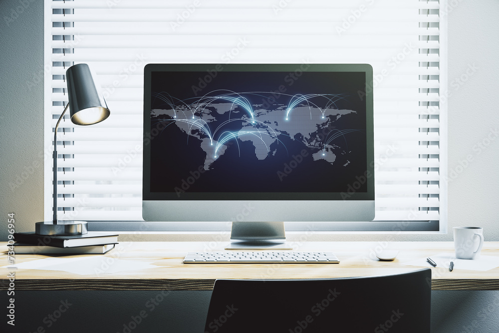 Modern computer monitor with abstract digital world map with ...