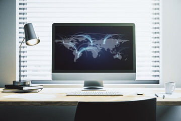 Poster - Modern computer monitor with abstract digital world map with connections, research and strategy concept. 3D Rendering