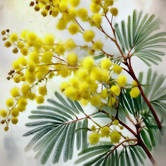 Poster - mimosa branch, watercolor drawing on a white background