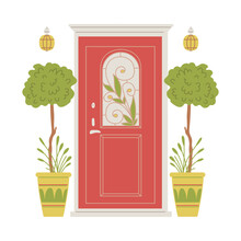 Home Entrance Red Door With Stained Glass With Floral Ornament, Vector Illustration House Porch With Flowerpots Lanterns