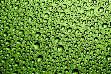 Wall Mural - Water drops background. Wet glass surface texture. Winter window condensation. Bubble dew pattern. Transparent window green raindrops. Humidity condensation texture. Eco green color water.