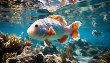 Wall Mural - The vibrant underwater beauty fish, coral, and aquatic animals generated by AI