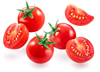 Wall Mural - Red cherry tomatoes on branch with water drops isolated on white background.