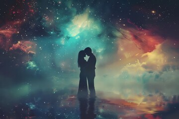 Wall Mural - Couple under a starry sky Embracing With a cosmic galaxy background Representing love and infinity