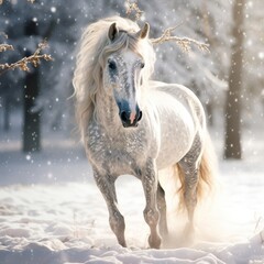  A majestic white horse with a flowing mane stands in a serene snowy landscape, with gentle snowflakes falling around it.
