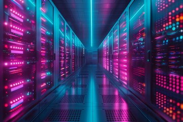 Poster - Futuristic server room with neon lights. Data security, cybersecurity, infrastructure, blockchain concept. Supercomputer, hardware, equipment. Future technology. Design for banner, advertising