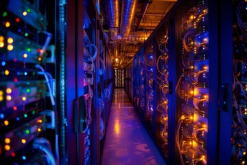 Poster - Data center with server racks. Data security, cybersecurity, infrastructure, blockchain concept. Supercomputer, hardware, equipment. Future technology. Design for banner, poster