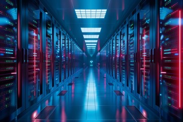 Poster - Futuristic data center with blue lighting. Data security, cybersecurity, infrastructure, blockchain concept. Supercomputer, hardware, equipment. Future technology. Design for banner, advertising