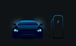 Electric car plugged in to charger, EV cars, blue light glow, dark background