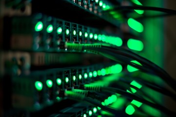 Poster - Network server hardware with green lights. Data security, cybersecurity, internet concept. Supercomputer, data center. Future technology and futuristic computer. Design for banner, poster
