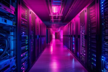 Poster - Server room with purple lighting. Data security, cybersecurity, infrastructure concept. Supercomputer, data center, hardware. Future technology, futuristic computer. Design for banner, poster 
