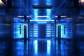 Poster - Futuristic data center with neon blue lighting. Data security, cybersecurity, infrastructure concept. Supercomputer, server room, hardware. Future technology. Design for banner, poster, wallpaper 