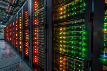 Poster - Network server racks with LED indicators. Data security, cybersecurity, infrastructure concept. Supercomputer, data center. Future technology, futuristic computer. Design for banner, poster  